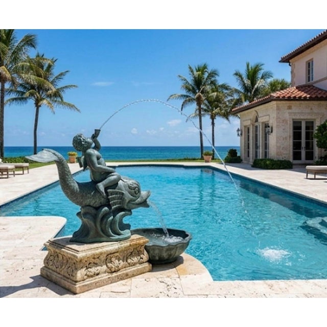 1970s Large Classical Verdigris Bronze Cherub & Dolphin Fountain For Sale - Image 11 of 12