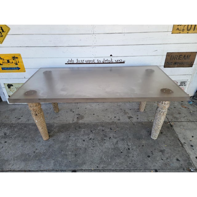 1970's vintage modern thick Lucite top with carved wood legs dining table. Four matching carved teak wood legs, two les...