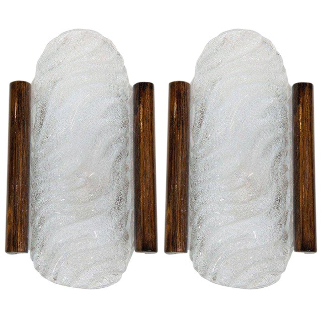 Murano Glass Sconces and Wood by Hillebrand, Germany 1960s - a Pair For Sale