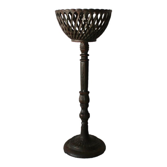 Vintage French Style Cast Iron Basket Pedestal Plant Stand For Sale
