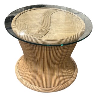 Ficks Reed Split Bamboo Rattan Accent Table With Glass Top For Sale