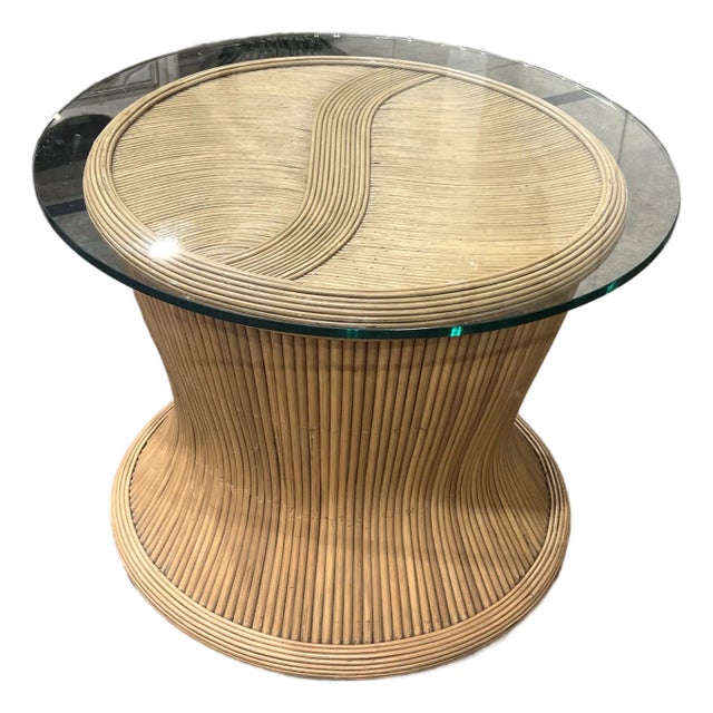 Ficks Reed Split Bamboo Rattan Accent Table With Glass Top For Sale