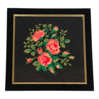 Antique Folk Art Needlepoint Roses in Black Velvet Frame For Sale