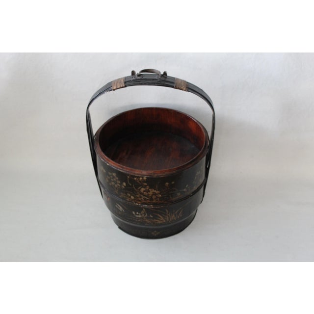 Vintage Chinoiserie Early 20th Century Large Painted Black Gold Bamboo Wood Wedding Basket For Sale - Image 9 of 12
