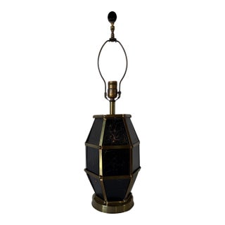 Vintage Hollywood Regency Brass & Black Leather Geometric Table Lamp For Sale