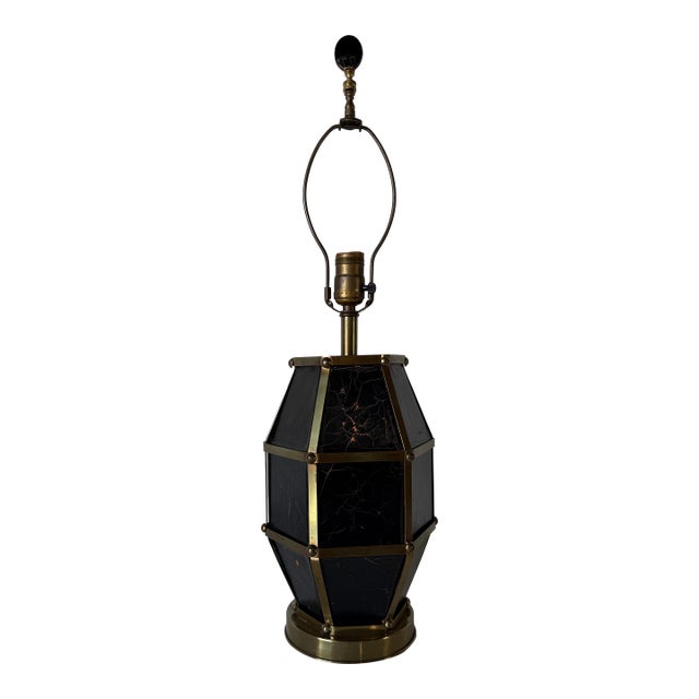 Vintage Hollywood Regency Brass & Black Leather Geometric Table Lamp For Sale