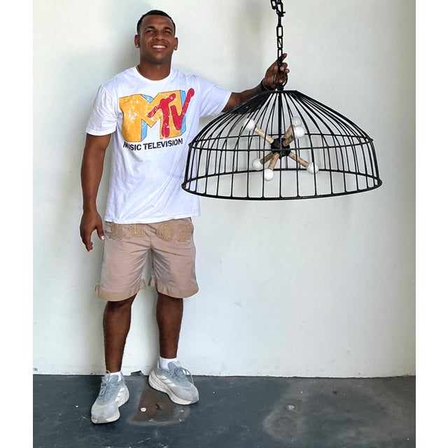Vintage Monumental Industrial Metal Cage Pendant Light For Sale - Image 9 of 13