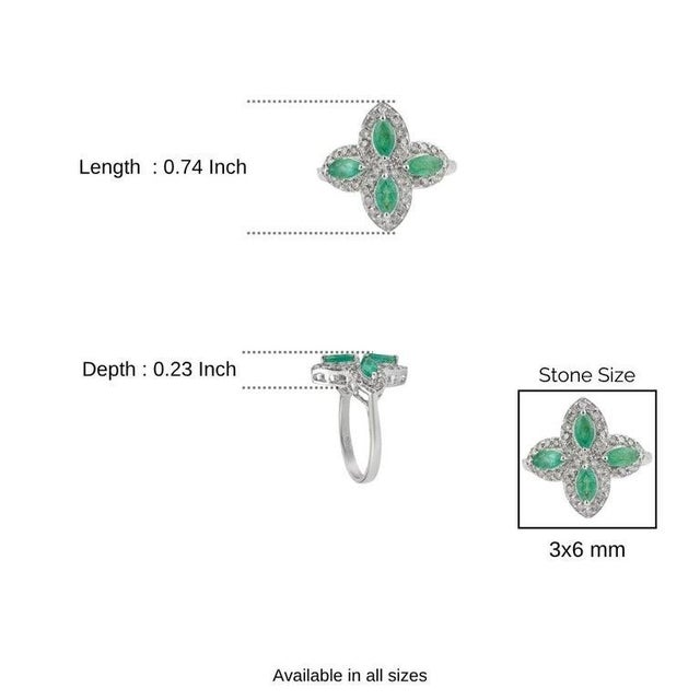 925 Sterling Silver Floral Clover Cocktail Emerald & Diamond Ring, Size 7 For Sale - Image 10 of 12