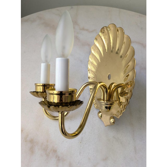Rococo Mid Century Hollywood Regency Style Brass Shell Two Light Electric Wall Sconce - A Pair For Sale - Image 3 of 11