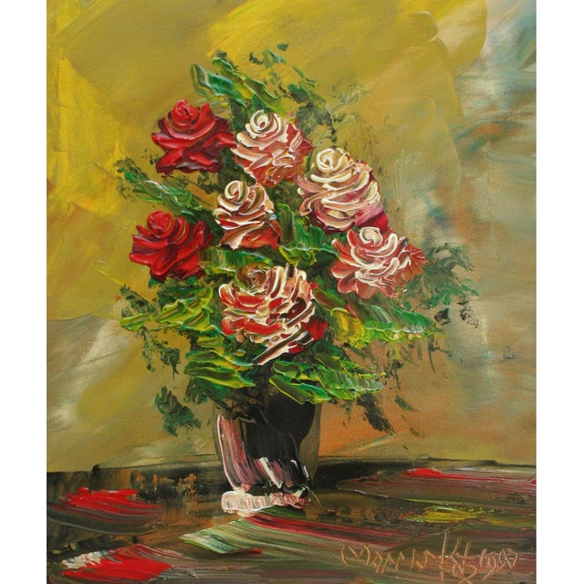 Beautiful impasto still life of a vase of red and white roses on a table by Morris Katz (American, 1931-2010). Signed and...