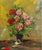 Beautiful impasto still life of a vase of red and white roses on a table by Morris Katz (American, 1931-2010). Signed and...