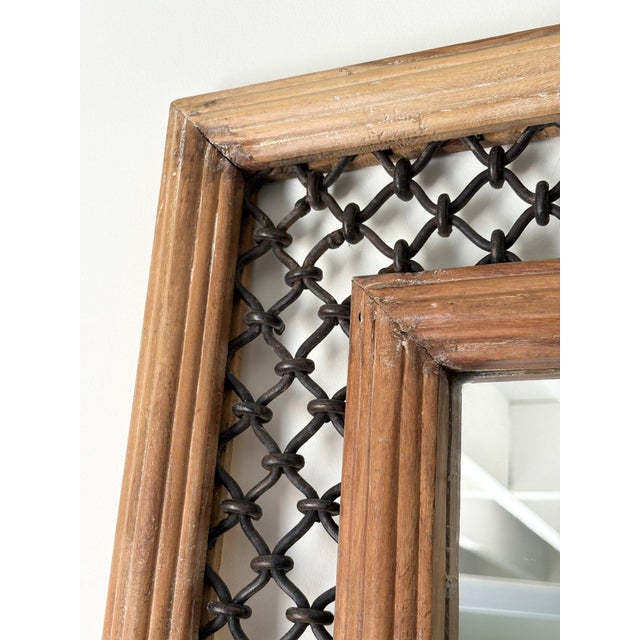 Rustic Woven Lattice Work Mirror with Reeded Wooden Frame, 1980s For Sale - Image 3 of 10