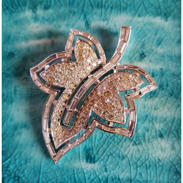 1950s Trifari Alfred Philippe Vintage Brooch Diamanté Leaf Rhodium plated silver tone clear crystal baguettes and clear...
