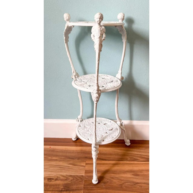 Victorian Vintage White Cast Aluminum Three-Tier Plant Stand – Victorian Revival / Cottagecore For Sale - Image 3 of 11