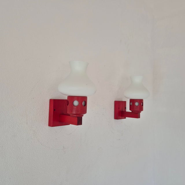 1960s Vintage Wall Lamps in Wood and Opaline Glass from Vitrika, Denmark, 1960s, Set of 2 For Sale - Image 5 of 10