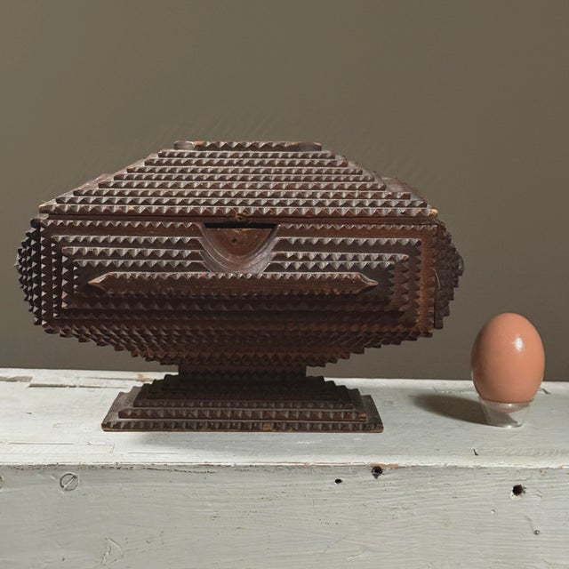 Rustic Antique Folk Art Tramp Art Box on Pedestal Base With Red Velvet Lining For Sale - Image 3 of 10