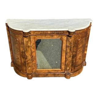 Late 19th Century Victorian Burled Walnut & Marquetry Inlaid Marble Top Console With Mirrored Door For Sale