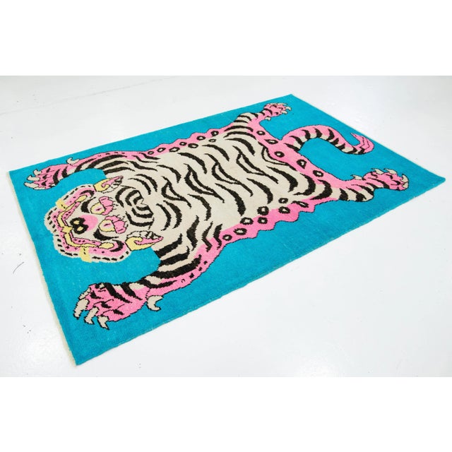 Turkish Tiger Designed Handmade Turkish Wool Rug in Blue For Sale - Image 3 of 10