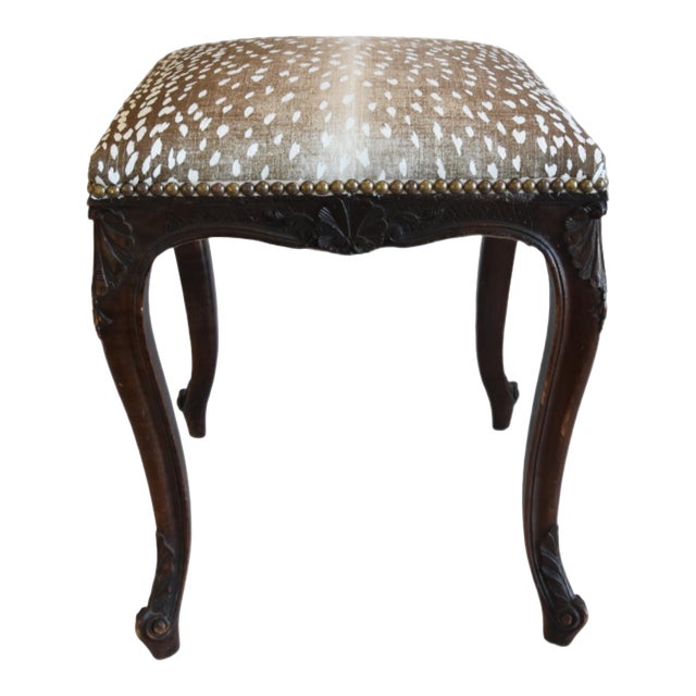 Vintage Carved Bench Newly Upholstered in a Designer Antelope Print Fabric For Sale