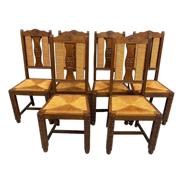 Brutalist Dining Chairs in Straw and Ash Wood, France, 1950s, Set of 6 For Sale