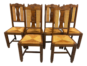 Brutalist Dining Chairs in Straw and Ash Wood, France, 1950s, Set of 6