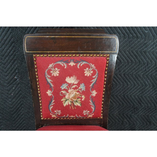 Early 20th Century Antique English Edwardian Mahogany Needlepoint Nailhead Parlor Vanity Desk Chair For Sale - Image 5 of 12
