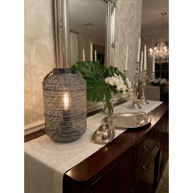 Vintage Industrial Mesh Lantern Table Lamp With Jute Rope Handle For Sale - Image 11 of 12