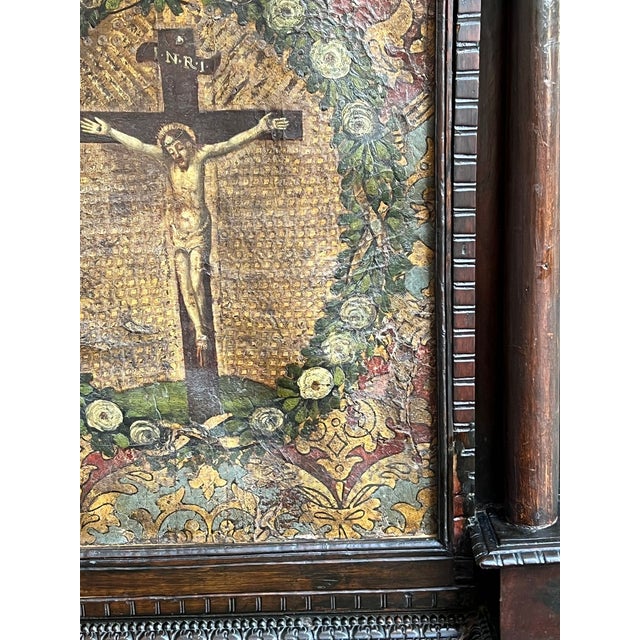 Antique French Gothic Devotional Cabinet Religious Painting Carved Oak Kneeler For Sale - Image 16 of 18