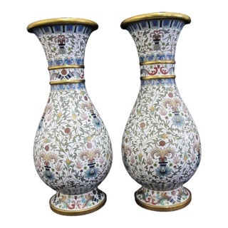 Large Chinese White Enamel Cloisonne Colorful Flower Vase Pair For Sale
