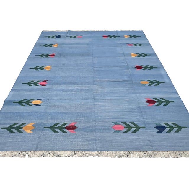 Handmade Cotton Vegetable Dyed Flat Weave Area Rug, Sky Blue Leaf Dhurrie - 8'x10' For Sale - Image 12 of 13