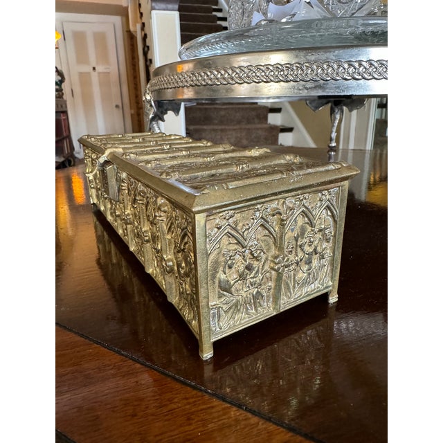 19th Century Bronze High Relief Gothic Revival Table Top Casket Jewelry Box. Closing clasp front, no key. Sturdy and...