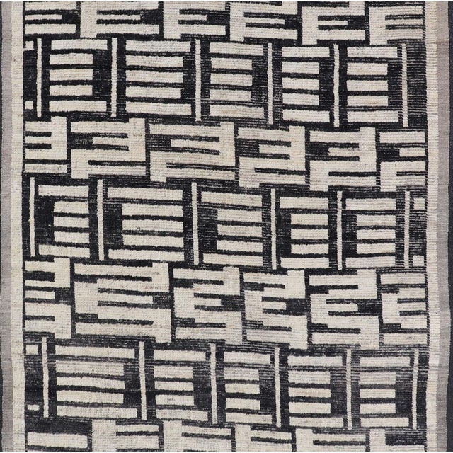 Sub-Geometric Afghan Abstract All-Over Modern Design in Ebony and Ivory 6'7 X 13'0 For Sale In Atlanta - Image 6 of 11