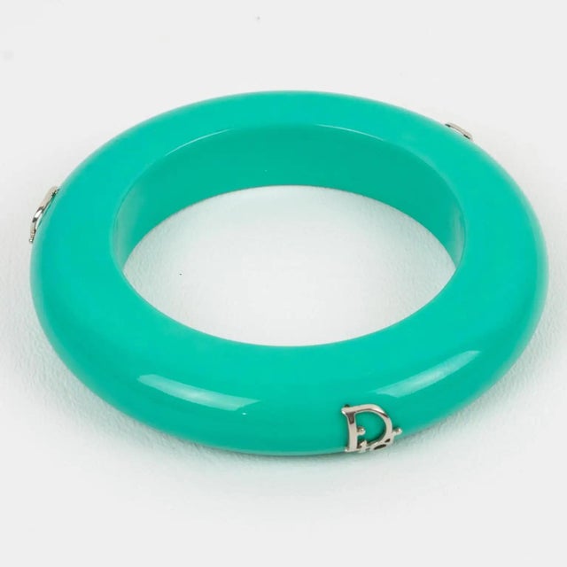 Christian Dior Christian Dior Bracelet Bangle Turquoise Acrylic and Silver Dior Logos For Sale - Image 4 of 7