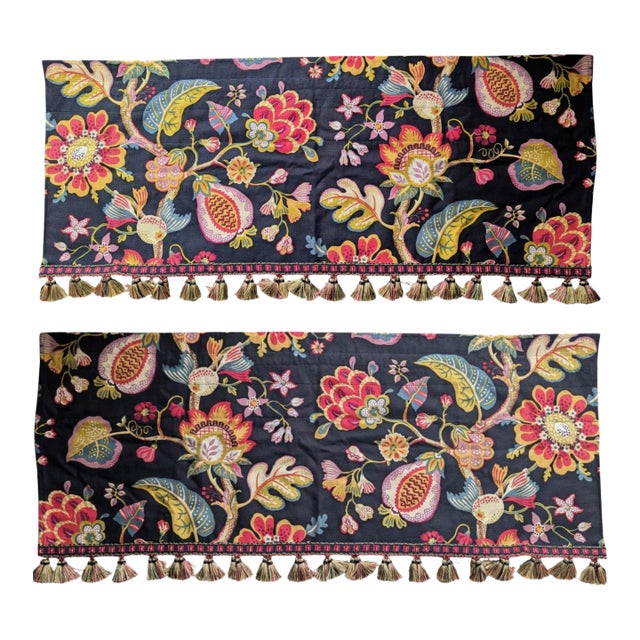 Custom Jacobean Valances With Tassel Trim- A Pair For Sale