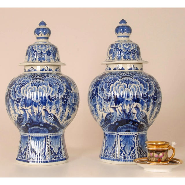 Ceramic Blue and White Chinoiserie Earthenware Lidded Vases from Royal Delft, 1940s, Set of 2 For Sale - Image 7 of 16