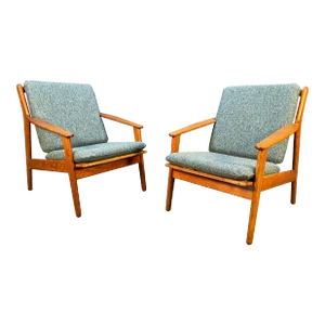Pair of Vintage Danish Mid Century Modern Oak Lounge Chairs Model "J55" by Poul Volther