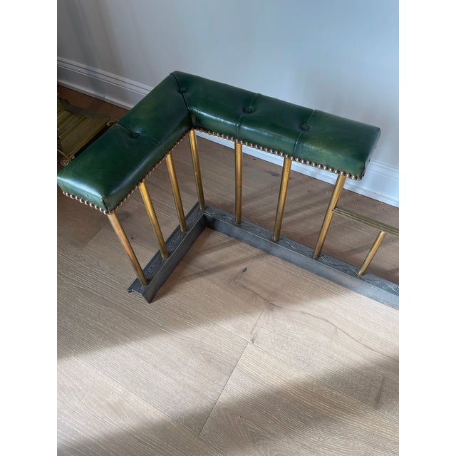 Vintage English Steel and Brass Fireplace Fender With Green Leather Tufted Seat For Sale - Image 9 of 11