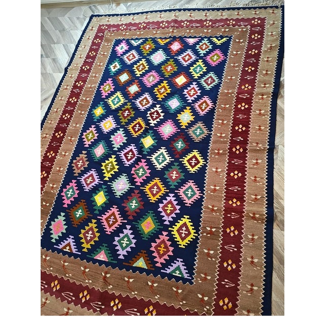 Oversized Rare 1970s Anatolian Wool Hairloom Kilim | Pristine Unused Chest Find | Grandma's Legacy With Bee, Cross & Wheat Motifs For Sale - Image 4 of 4