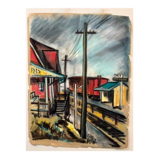 Henry Emil Salloch Original Watercolor on Paper Mid-Century Modern Railroad Station, 1960. For Sale