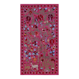 Pink Uzbek Suzani Wall Hanging – Pomegranate & Animal Motif Embroidered Textile 3'5'' X 6' For Sale