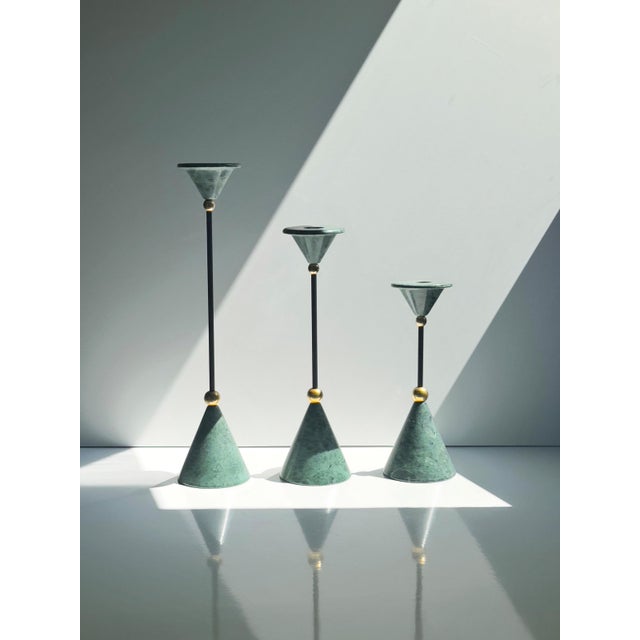 Postmodern Marble and Brass Candlesticks attributed to Christian De Beaumont, 1980s, Set of 3 For Sale - Image 4 of 6