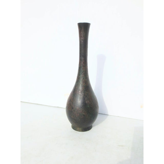 Encrusted ancient bronze patina. Tall bud vase from Japan in the 70s. Verdigris surface and bottom, Mid-century form and...