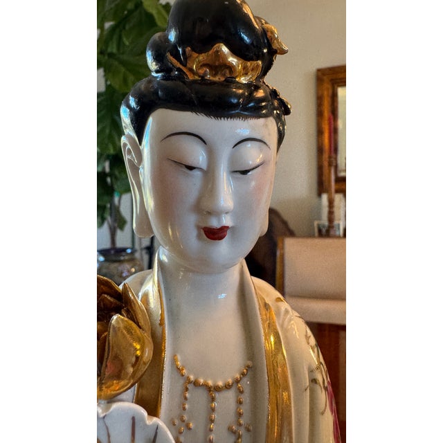 Vintage Porcelain Guanyin Statues - Quan Yin Gold Gilt l 18" Pair c1915 RARE Gold Gilt Overall, Lotus Flower, Hand Painted...