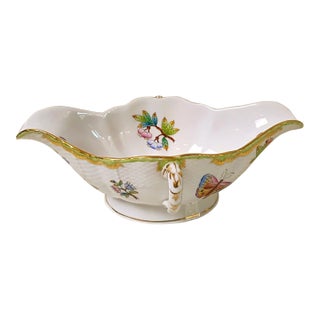 1980s Herend Queen Victoria Green 220 Vbo Double Spouted Sauce Gravy Boat Hungarian Porcelain For Sale
