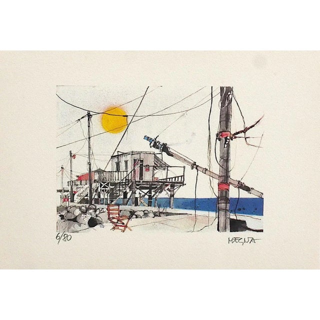 Fishing Scales in Fiumicino is an original lithograph on paper realized by Giuseppe Megna. Hand-signed on the lower right,...