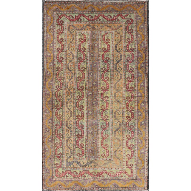 Textile Antique Turkish Rug With Vertical Stripe Design in Light Green, Red, Light Orange and Purple For Sale - Image 7 of 7