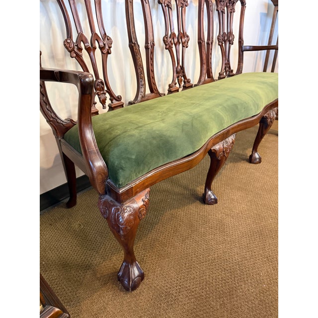 Green Antique Chippendale Carved Mahogany Bench Settee With Upholstered Seat in British Racing Green Velvet For Sale - Image 8 of 8