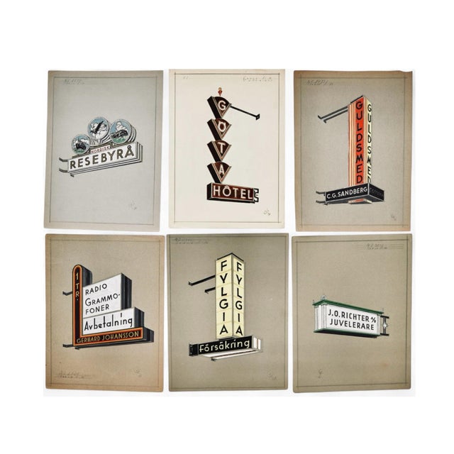A cohesive collection of six original Swedish Art Deco gouaches on wove card, dated between 1930 and 1934, each depicting...