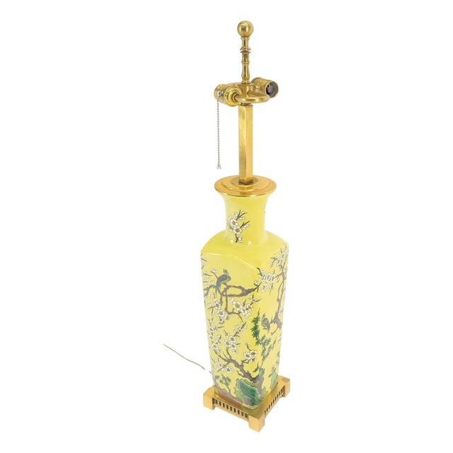 Trees & Birds Decorated Ceramic Asian Vase Shape Table Lamp on Brass Base MINT For Sale