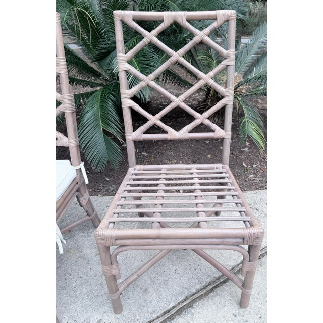 Early 21st Century Chinese Chippendale Chinoiserie Rattan Taupe Side Dining Chairs With Zippered Seat Cushion - Set of 6 For Sale - Image 5 of 12